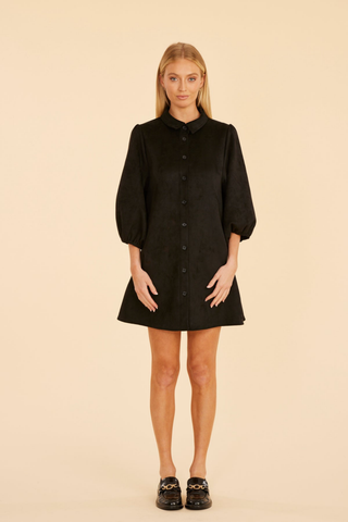 Dolce Cabo A-Line Suede Dress in Black featuring soft faux suede, a collared button front, three-quarter puff sleeves, and an A-line mini silhouette.