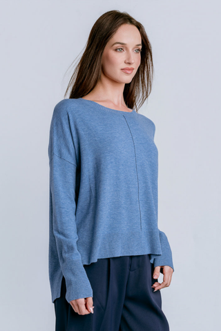 Kerisma Wagner Crew Top in Azzuro blue featuring a relaxed silhouette, crew neckline, long sleeves, and slightly cropped hem.