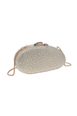 Urban Expressions Rome Evening Bag in Gold featuring a rhinestone-covered oval silhouette, polished kiss-lock clasp, and removable chain strap.