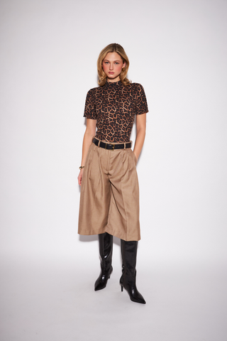 Vivienne Sweater in Amur Leopard featuring a fitted short-sleeve silhouette, high neckline, and brown leopard print.
