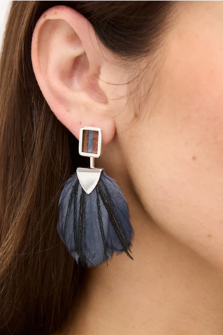 Brackish Savannah Bezel Drop Earrings in silver featuring dark feather accents and a fan-shaped drop silhouette