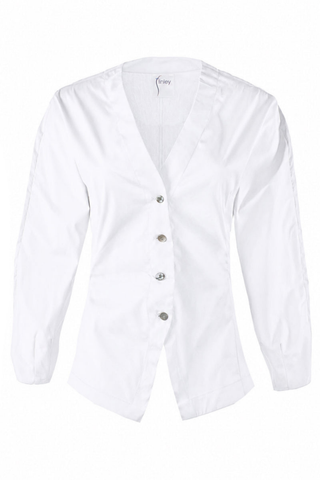 Finley Mia Barrel Sleeve Top in White featuring a V-neck button front, fitted waist, peplum silhouette, and long gathered barrel sleeves.