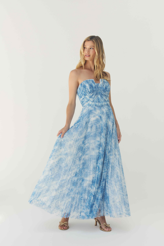 Corene Gown white and blue chinoiserie strapless maxi dress from Hutch