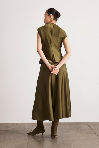 Tanya Taylor Robin Top in Fern olive green satin crepe with a mock neckline, cap sleeves, and twisted waist detail.
