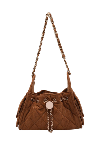 Urban Expressions Royalty Shoulder Bag in Cognac featuring quilted faux suede, gold-tone hardware, woven shoulder strap, and drawstring closure.