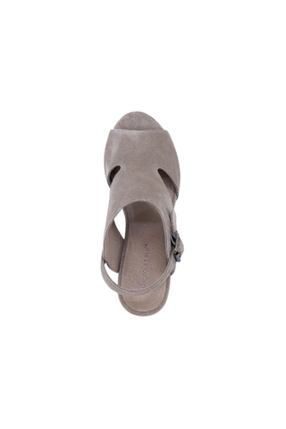 Chocolat Blu Werner Wedge in Taupe Suede featuring an open-toe suede upper, adjustable ankle strap, side cutout, and platform wedge heel.