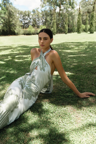 Green halter neck fitted maxi dress with floral print by Especia