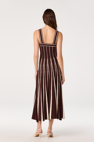 ASTR Marlen Dress in Brown Cream with vertical stripes, square neckline, and fit-and-flare midi silhouette.