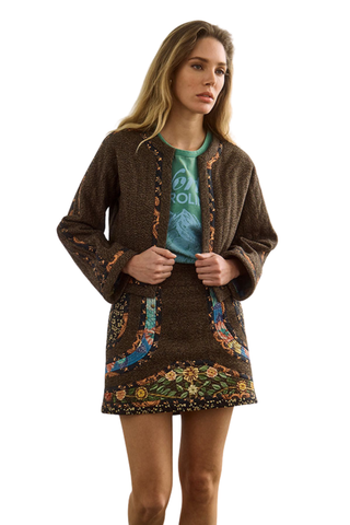 Hunter Bell Watts Jacket in High Country Tweed featuring a brown multicolor print, long sleeves, and cropped open-front silhouette.