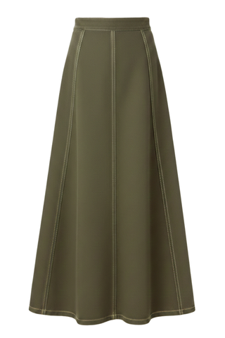 Love the Label Bina Midi Skirt in Ivy Green Denim featuring an A-line midi silhouette and vertical seam detailing.