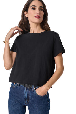 Model wearing the Lilla P Organic Boxy Tee in Black featuring organic cotton jersey, a relaxed boxy fit, short sleeves, and a slightly cropped silhouette.