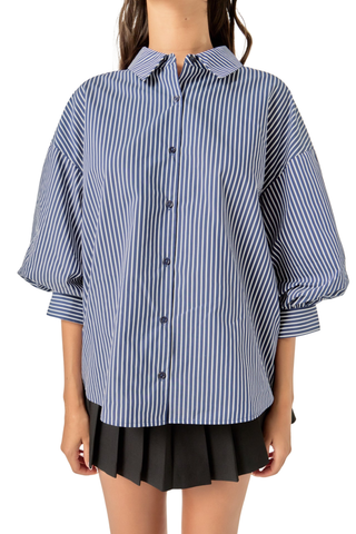 English Factory Striped Balloon Sleeve Shirt in navy featuring a button front, collar, and oversized short sleeves.