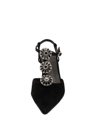 Cecelia New York Niche Heel in Black with velvet pointed toe, jeweled T-strap, adjustable ankle strap, and block heel.