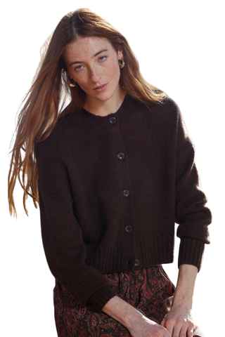 Autumn Cashmere Boxy Cardigan in Espresso featuring a deep brown knit, crew neckline, button front, and relaxed boxy silhouette.