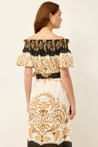 Marie Oliver Lola Dress in Fleuron with off-the-shoulder neckline, relaxed column silhouette, and Mediterranean tile-inspired print in cream, tan, and black