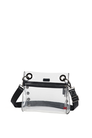 Hammitt Tony Small Clear Crossbody in Black/Gunmetal featuring clear TPU construction, leather trim, and gunmetal hardware.