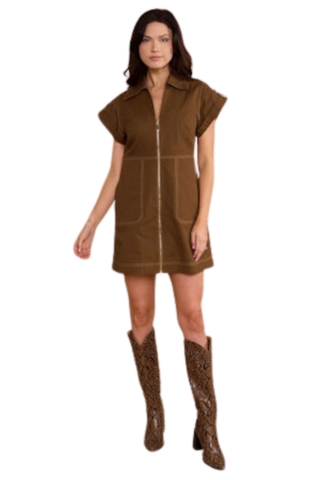 Brown zip-front mini dress with cap sleeves.