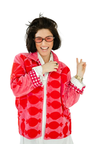 Eleanor James Brand Sgt. Pepper Crew Jacket in Cherrybomb red velvet with bold pink Suzani embroidery.