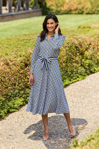 Jude Connally Kitty Dress in Birdseye Geo Combo featuring a navy and white geometric print, point collar, long sleeves, and removable belt.