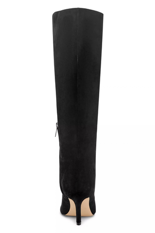 Marc Fisher Callena Boot in black featuring a knee-high leather silhouette, pointed toe, inside zip, and slim stiletto heel.