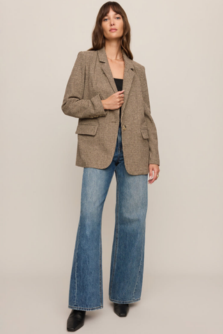 Z Supply Evan Check Blazer in Dark Chocolate brown houndstooth featuring a relaxed fit, notch collar, button front, and flap pockets.