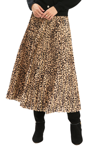 Tyler Boe Cara Animal Print Skirt in Multi featuring a pleated leopard print midi silhouette with subtle metallic detailing.
