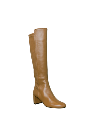 Camel leather knee-high boot with a stacked block heel.