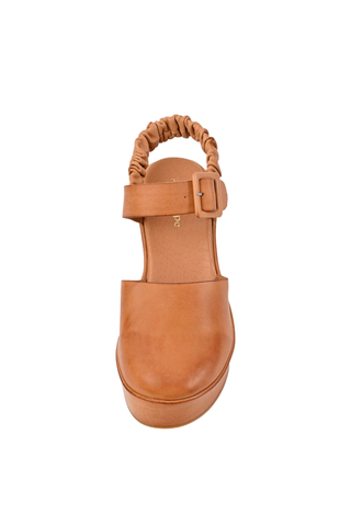 Antelope Tess Wedge in Taupe with hand-brushed leather upper, closed toe, slingback strap, and chunky platform wedge heel.