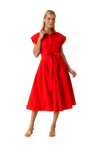 Model wearing the Prosperina Lana Midi Dress in Very Cherry featuring a vibrant red midi silhouette with a fitted bodice and full skirt.