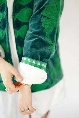 Eleanor James Brand Sgt. Pepper Crew Jacket in Green Onions featuring rich blue velvet with tonal hand-finished Suzani embroidery.