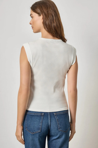 White ribbed cap sleeve henley tee with snap front detail by Lilla P