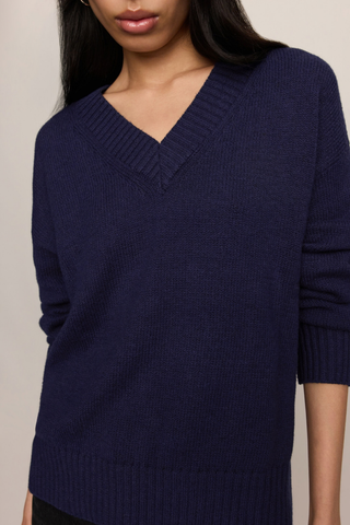 Z Supply Cloud Spun V-Neck Sweater in Oxford Blue featuring a relaxed fit, classic V-neckline, and soft lightweight knit.