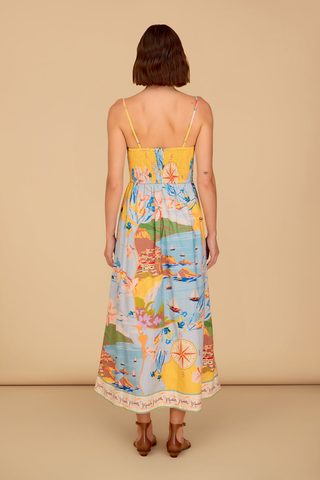 Printed midi dress with scenic travel-inspired motif and smocked back by Olivia by Livro