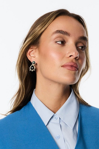Mignonne Gavigan Devina Earrings in Black Multi featuring bold black onyx stones, colorful glass accents, and gold-plated detailing.