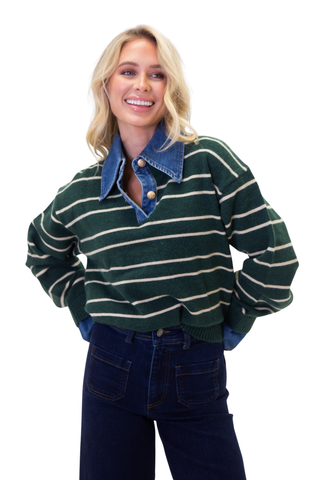 Karlie Stripe Varsity Denim Collar Sweater in Green featuring white stripes, a contrasting denim collar, and a relaxed fit.