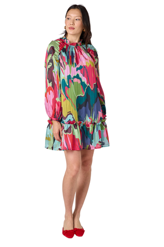 Crosby Flynn Dress in Life Of The Party featuring a vibrant multicolored abstract print, long sleeves, collared neckline, and flounced mini hem.