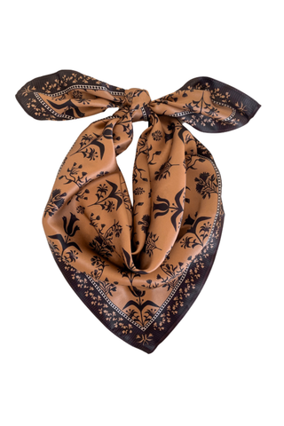 Swells Pepper Block Print 36-inch silk scarf featuring an intricate brown and black block-style print.