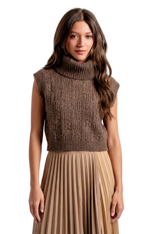 Kerisma Marlene Top in Shitake Brown featuring a sleeveless silhouette, ribbed knit texture, and cozy turtleneck.