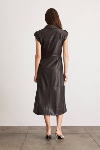 Tanya Taylor Shivi Dress in Dark Fig featuring a dark coated midi silhouette with a collared neckline, cuffed sleeves, and tiered skirt.