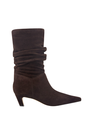 Marc Fisher LTD Dalores Slouch Bootie in dark brown suede featuring a gathered slouchy shaft, pointed snip toe, and low kitten heel.