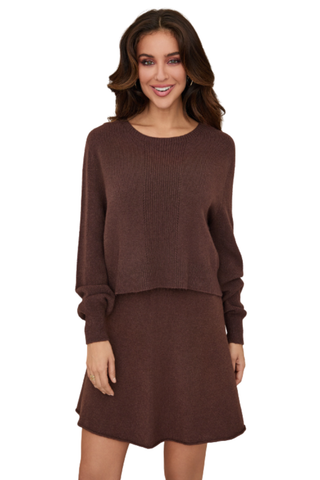 Milio Milano Crop Knit Sweater in Chocolate featuring a relaxed crewneck silhouette with long sleeves and a cropped length.