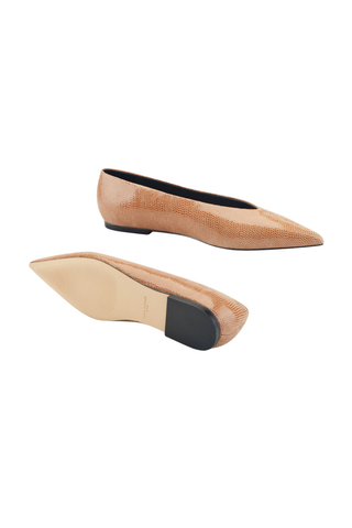 Marc Fisher Casee Flat in Tan featuring a pointed toe, leather upper, and elegant V-cut topline.