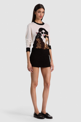 Alice + Olivia Gleeson Staceface Leopard Pullover in soft white with black trim, embellished Staceface graphic, and leopard print details.