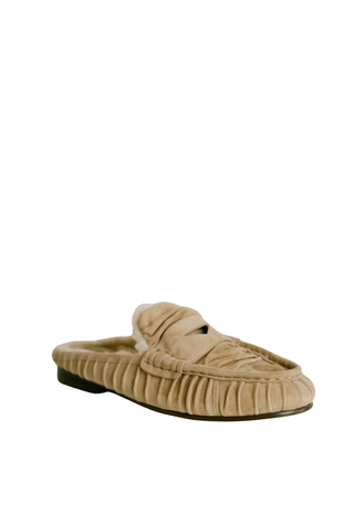 Bibi Lou Lyra Loafer in Trench featuring a neutral tan finish, gathered upper detailing, statement buckle accent, and flat sole.