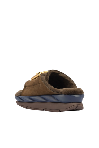 4CCCCEES Mellow Laze Sandal in Chocolate with sheep shearling lining, oversized metal buckle, and navy ripple-designed sole.