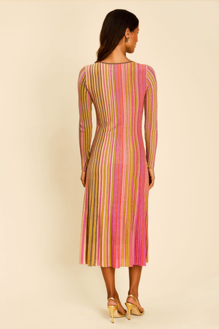 Mestiza James Knit Midi Dress in Sparkling Borealis featuring a multicolor metallic knit, fitted long sleeves, and a softly flared midi skirt.