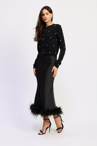 Black Serena Cardigan with long sleeves, button front, and scattered rhinestone embellishments.