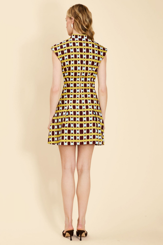 Mestiza Tianna Mini Dress in Morning Gingham featuring a colorful geometric print, V-neckline with mandarin collar, fitted waist, and pleated mini skirt.