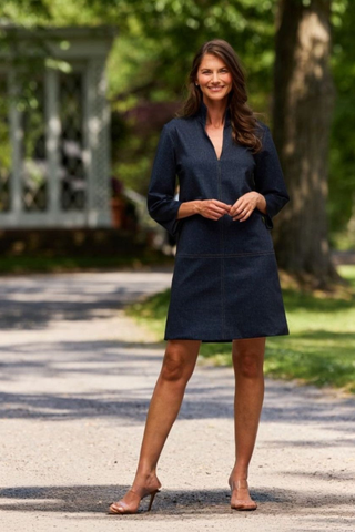 Jude Connally Callie Dress in Navy featuring a point collar, 3/4-length sleeves, saddle contrast stitching, and mini silhouette.