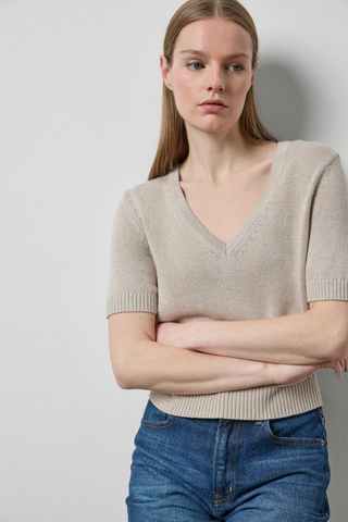 Dove Sparkle V-neck short-sleeve sweater in a soft cotton-cashmere blend with subtle shimmer.